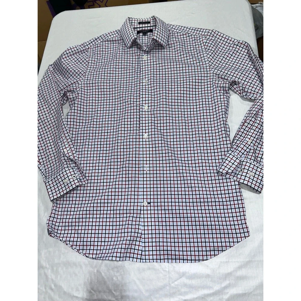 Banana Republic Camden Fit Shirt Mens Medium Red Navy Check Iron Cotton Stretch
